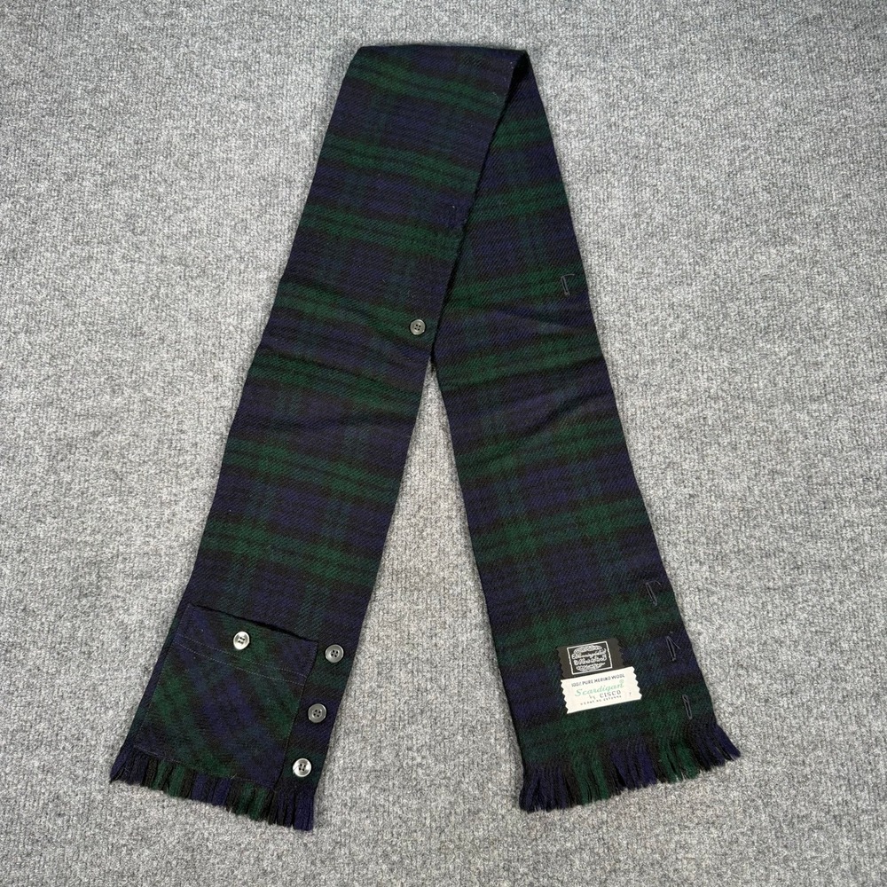 Vintage Bloomingdales Cisco Scardigan Merino Wool Black Plaid Scarf Pocket #4475